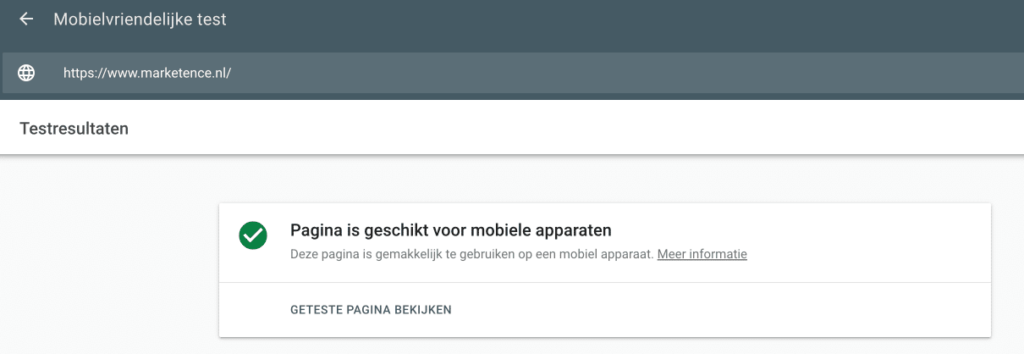 Screenshot mobielvriendelijke test van Google met uitkomst geslaagd.