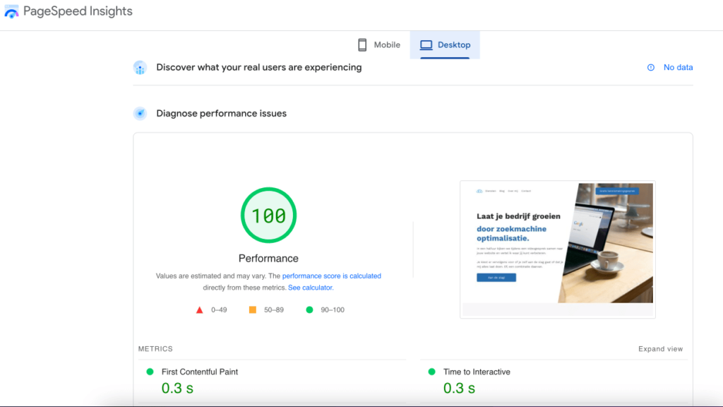 Screenshot van Pagespeed Insights met hoge desktop score voor technische SEO.