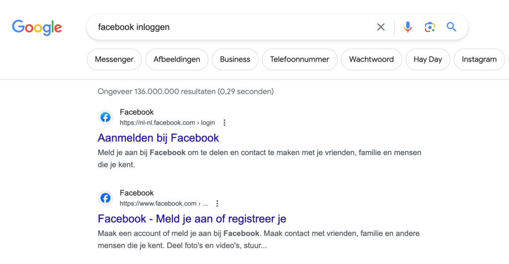 Voorbeeld navigatie zoekintentie met facebook inloggen